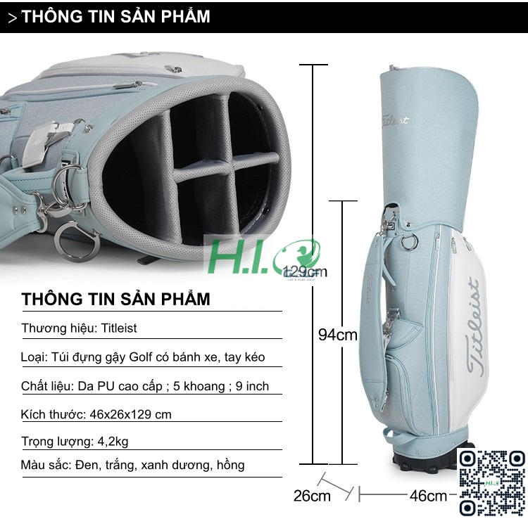 Túi gậy Golf Titleist có bánh xe, tay kéo tiện lợi - CH343 13 Túi gậy Golf Titleist có bánh xe, tay kéo tiện lợi - CH343
