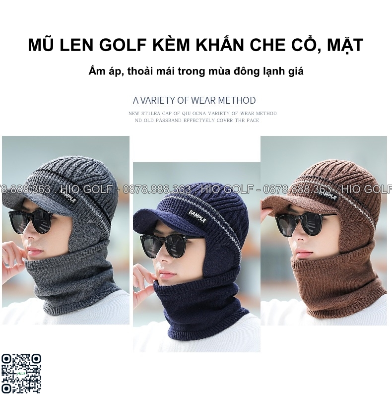 Mũ len Golf nam lưỡi trai kèm khăn che cổ, mặt chơi golf - CH559