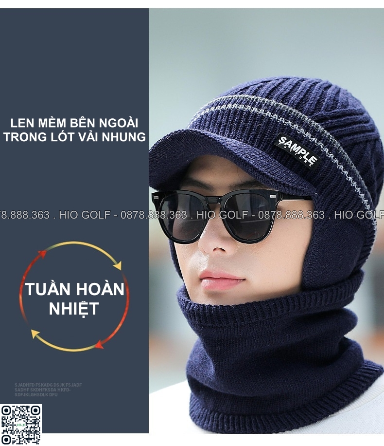 Mũ len Golf nam lưỡi trai kèm khăn che cổ, mặt chơi golf - CH559