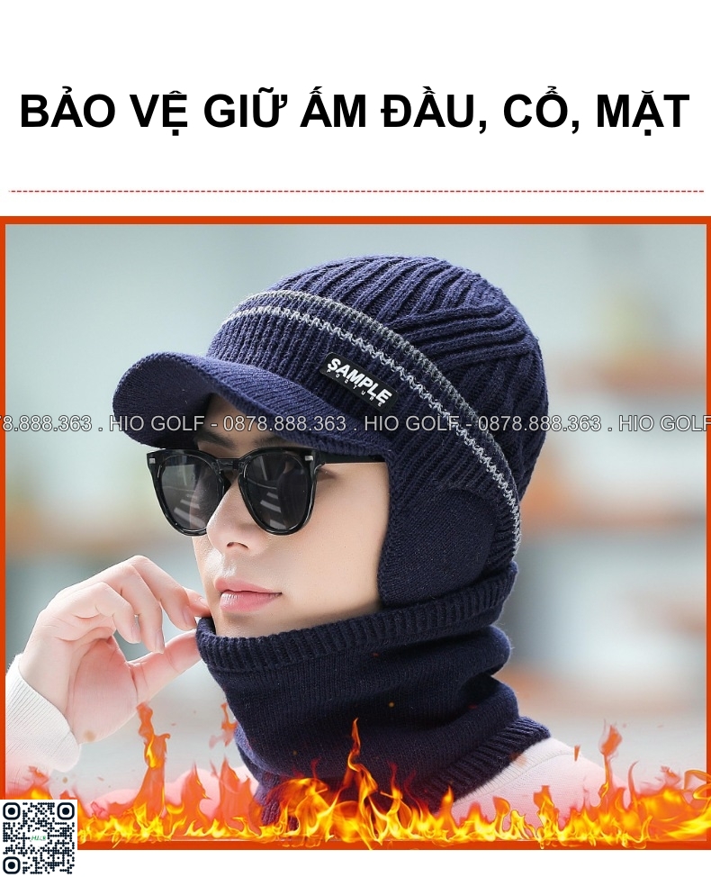 Mũ len Golf nam lưỡi trai kèm khăn che cổ, mặt chơi golf - CH559