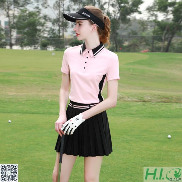 Set Áo váy golf nữ cao cấp ZG6 Golf – Áo polo hồng phối đen + Chân váy xếp ly thời trang
